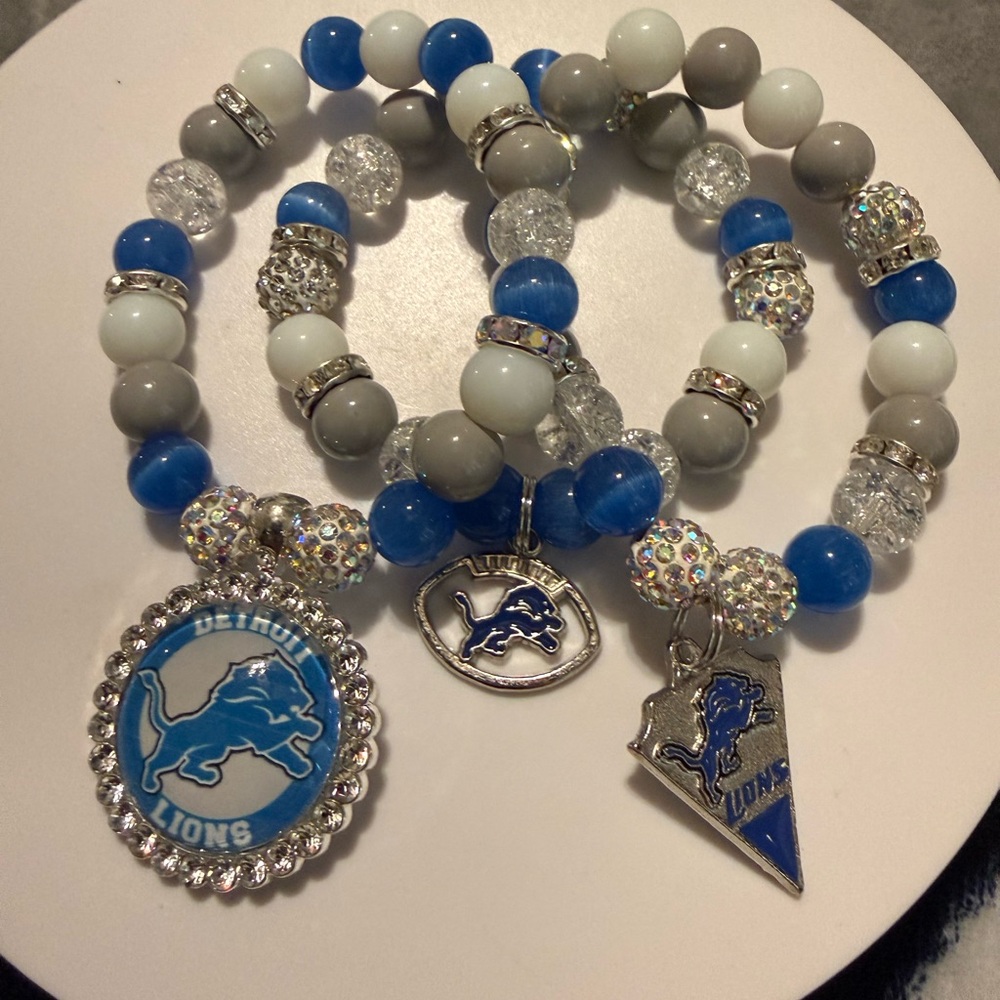 Detroit Lions NFL Blue, Silver, and White Charm Bracelet Trio
